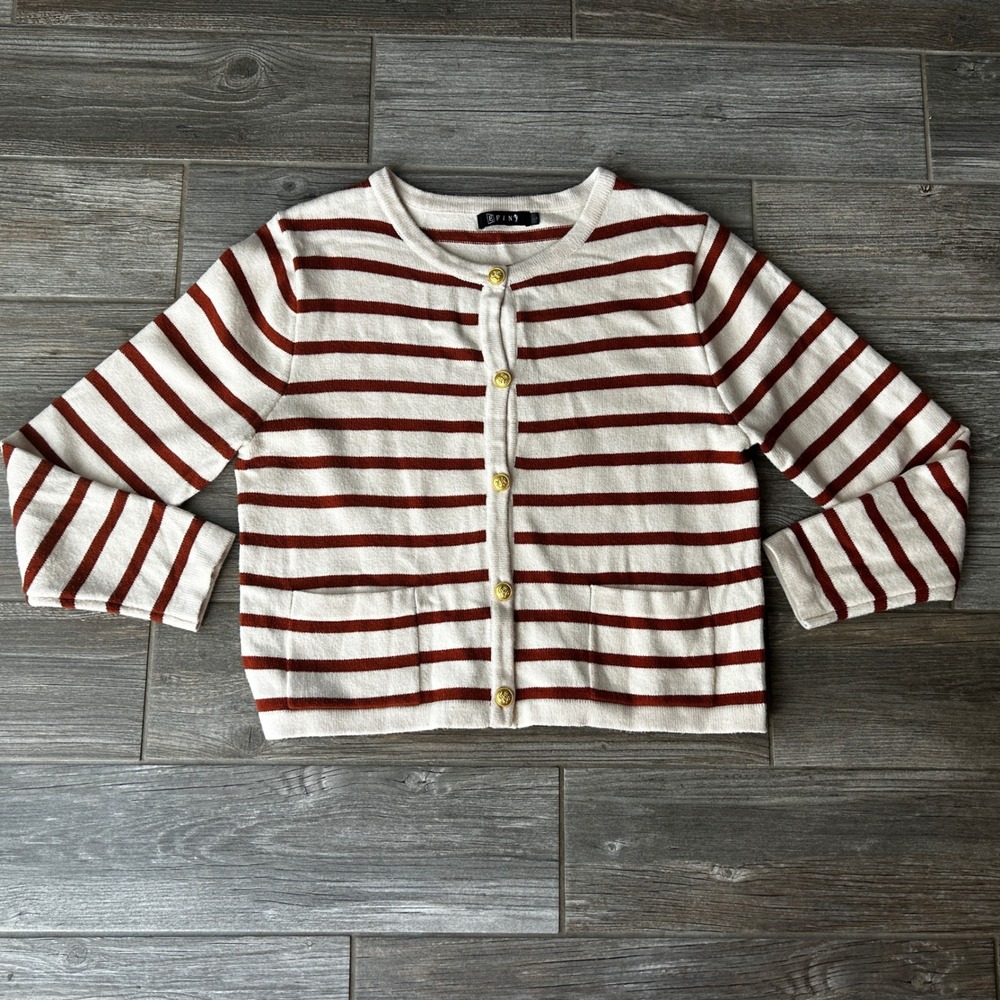 Classic Striped Cardigan Women's L Cream Brown Gold Button Front Pockets Knit‎